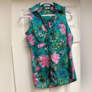 Express Sleeveless Floral Blouse - Teal and Pink